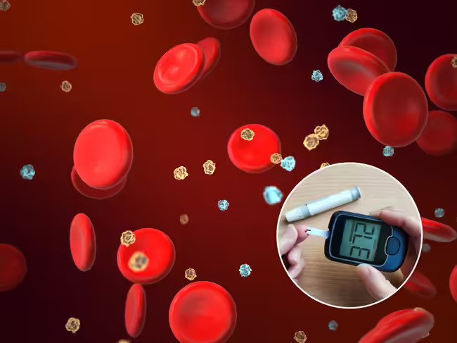 Supplied blood-sugar illustration with a glucose meter; not product test results